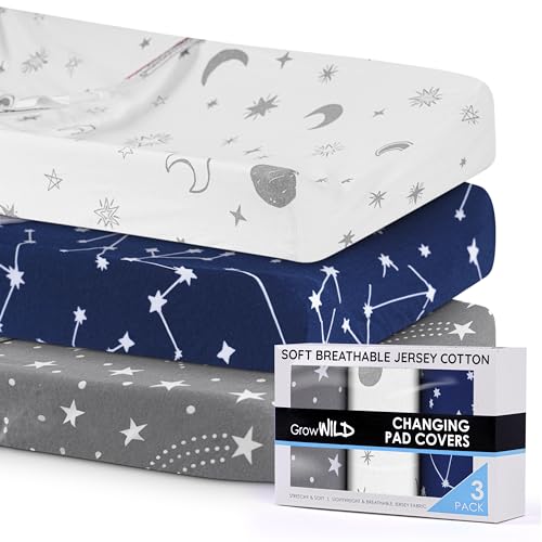 GROW WILD Changing Pad Cover 3 Pack | Soft & Stretchy Jersey Cotton | Baby Changing Table Pad Cover | Diaper Changing Pad Covers for Girls and Boys (Stars, Moon & Constellation)
