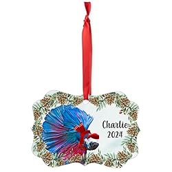 Blue Red Rosetail Betta Fish Christmas Ornament
