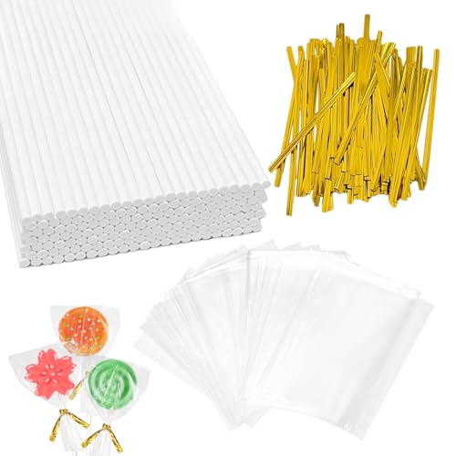 CHELIZIYA 300 PCS Cake Pop Sticks and Wrappers Kit, Including 100ct 6-inch Paper Lollipop Sticks, 100ct Clear Treat Bags, 100ct Gold Twist Ties for Lollipop, Candy, Chocolate, Sucker, Desserts