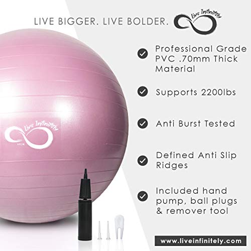 Live Infinitely Exercise Ball (55cm-95cm) Extra Thick Professional Grade Balance & Stability Ball- Anti Burst Tested Supports 2200lbs- Includes Hand Pump & Workout Guide Access (Rose, 65 cm) - Thumbnail 2