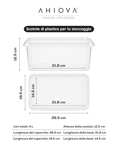 AHIOVA 4L Small Plastic Boxes with Lids Set of 6 Stackable Storage Boxes 100% Transparent Click Pressure 26.5 x 19.5 x 12.5 cm Bathroom Drawers Office BPA Free Made in Europe