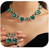 Jnncocier Fashion Bride Silver Green Red Bridal Square Layered Crystal Necklace Earrings Set Crystal Wedding Jewelry Set Christmas Halloween Full Rhinestone Choker Necklace for Women