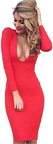 UZZDSS UD1295-red-L 2018 Winter Warm Fabric White Red Black Deep V-Neck Long Sleeve Sexy Bodycon Bandage Party Club Night Wear Dresses