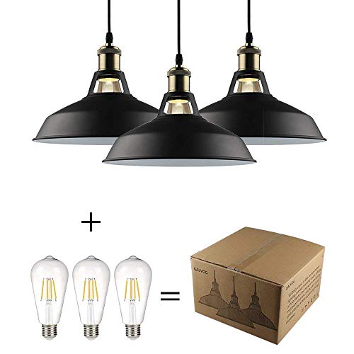 GALYGG Industrial Pendant Lighting, Metal Shade Ceiling Hanging Light Fixtures, for Kitchen Island - Outside Black Inside White, 3 Pack (Included 4W Edison Bulb) - Thumbnail 2