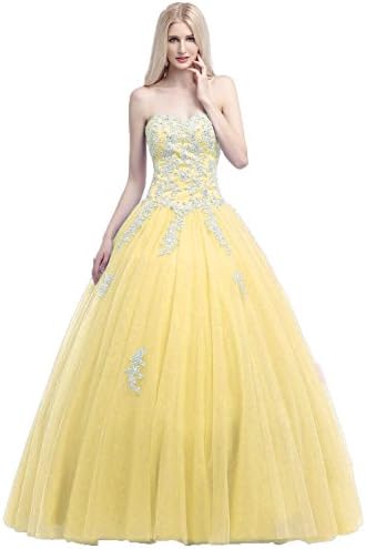 Okaybrial Women's Girls Prom Dresses Sweetheart Neck Tulle Appliqued Puffy Quinceanera Dresses