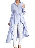 Dokotoo Womens Long Sleeve Button Down High Low Irregular Stripe Tops T Shirts with Belt