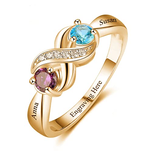 Personalized 2 Birthstones Ring for Mothers Day Birthday,S925 10K 14K 18K Solid Gold Custom Birthstones Rings with Simulated Diamonds Engraved Jewelry Gift for Women Mom Wife Girlfriend Size 4-12