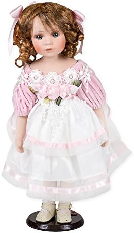 Taylor Auburn Curled Hair Pink White Dress Flowers 18 Inch Porcelain Doll