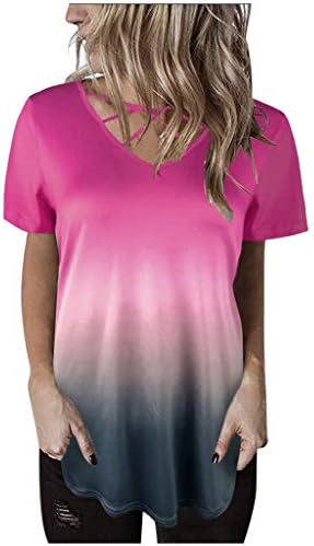 Xinantime Womens Gradient Short Sleeve Casual Shirts Front Cross Tunic Loose Blouse Tops