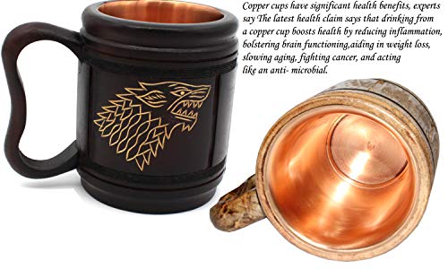 5MoonSun5's Handmade wooden Beer Mug copper Cup Carved Natural Beer Stein Old-Fashioned Barrel Brown Vintage Bar accessories - Wood Carving Stark Targaryen and Lannister Beer Mug Tankard for Men 16oz - Thumbnail 4