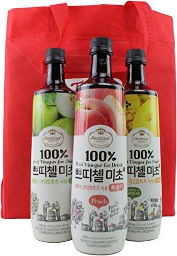 Korean CJ Petitzel Fruit Vinegar Drink Concentrate, 3 Bottle Set: Peach, Pineapple and Green Apple, 91 Fl Ounces