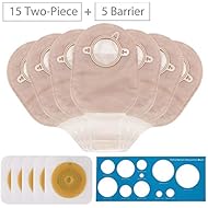 20 PCS Ostomy Supplies 15 PCS Two-Piece Colostomy Bag with Velcro Closure and 5PCS Two-Piece Skin Barrier with Hydrocolloid & Non-Woven Border Included for Ileostomy Stoma Care,Cut-to-Fit