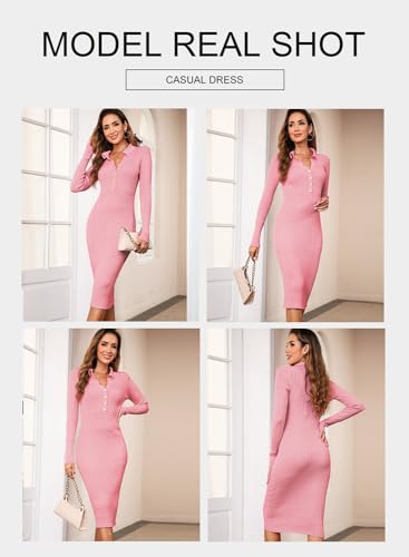 BLENCOT WOMEN’S BUTTON FRONT V NECK LONG SLEEVE PENCIL BODYCON DRESS CASUAL SOLID LAPEL KNIT SWEATER MIDI DRESSES PINK L