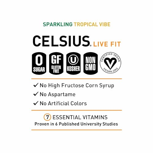 CELSIUS SPARKLING TROPICAL VIBE, FUNCTIONAL ESSENTIAL ENERGY DRINK, 12 FL OZ
