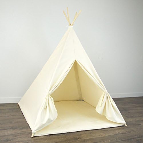 Kids Teepee Tent with Matching Mat in Solid Beige Canvas - Includes Large Tan Khaki Canvas Teepee, Play Mat and Wooden Poles. Perfect Indoor Play House for Kids. Made in USA.