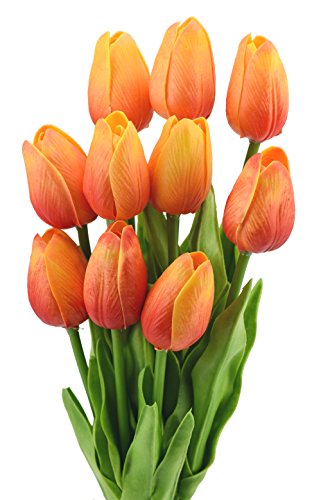 FiveSeasonStuff10 Stems of Real Touch Tulip Artificial Flowers Bouquet, Perfect for Wedding, Bridal, Party, Home, Holidays, Garden, Birthday, Office Décor DIY (Sunset)
