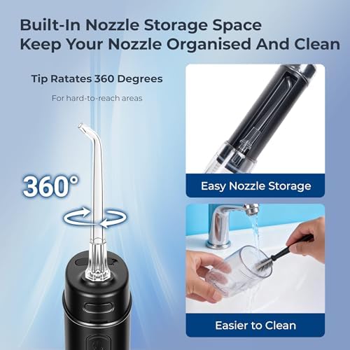 Tragbare Munddusche, kabelloses Mundduschegerät für Reisen, 3 Druckstufen, 6 Aufsätze, IPX8 Teleskop-Wassertank, USB-C wiederaufladbare Taschen-Munddusche, QR-7112 (Schwarz)