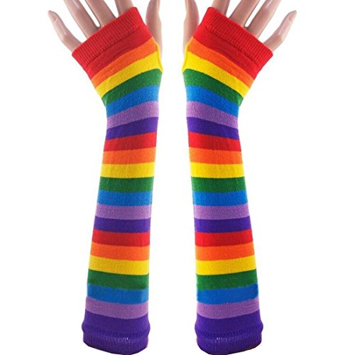 YiTeng Colorful Rainbow Stripes Arm Warmer Fingerless Knit Gloves Costumes