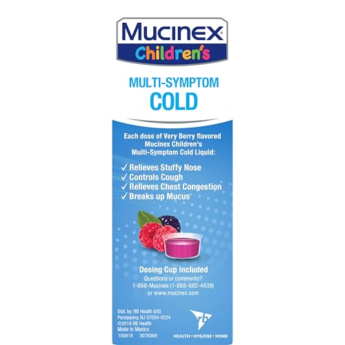 MUCINEX CHILDREN’S MULTI-SYMPTOM COLD MEDICINE, KIDS COUGH MEDICINE, MUCINEX KIDS MEDICINE/DECONGESTANT WITH DEXTROMETHORPHAN HBR, GUAIFENESIN, PHENYLEPHRINE HCL, VERY BERRY FLAVOR LIQUID, 4 FL OZ