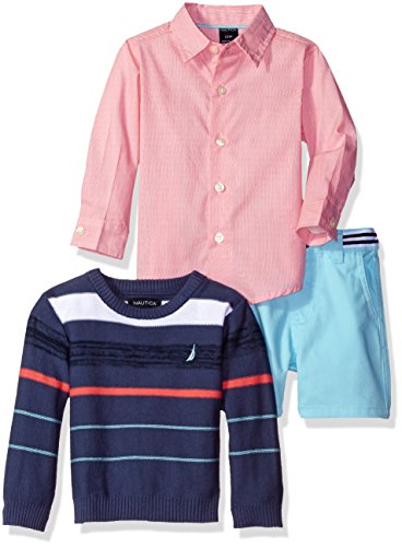 Nautica Baby Boys' Long Sleeve Button Down Shirt, Pullover, and Short with Faux Belt Set, Ink, 24 Months