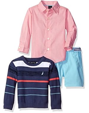 Nautica Baby Boys' Long Sleeve Button Down Shirt, Pullover, and Short with Faux Belt Set, Ink