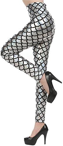 Grazing Women's High Waist Stretch Mermaid Scales Digital Printing Full Length Leggings (Regular, Silver)