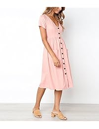 Mansy - Vestido de mujer de manga corta con cuello en V y botones, informal, con bolsillos