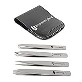 Tweezers Set 4-piece - Tweezer Guru Stainless Steel Slant Tip and Pointed Eyebrow Tweezer Set - Great Precision for Facial Hair, Ingrown Hair, Splinter, Blackhead and Tick Remover (Silver)