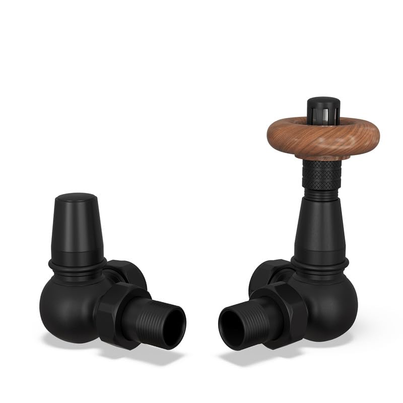 UK Radiators Black Thermostatic Radiator Valve and Corner Lockshield Valve - Matt Black Finish - Traditional Design 1/2" x 15mm Corner Radiator Valve