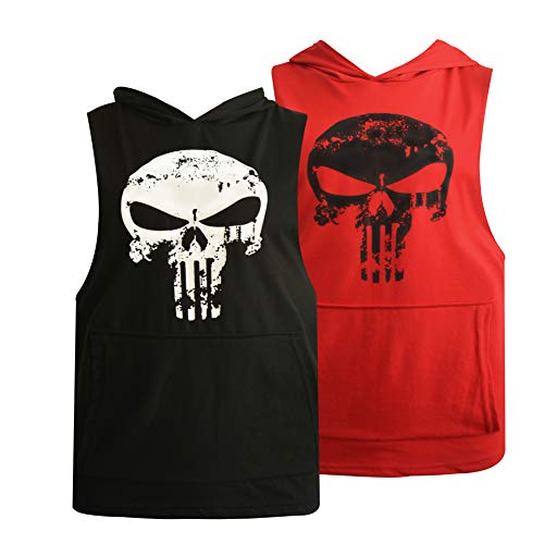 GZXISI Mens Skull Print Stringer Bodybuilding Gym Tank Tops Workout Fitness Vest (2 Pack:Black Hoodie,Red Hoodie, Medium) - Thumbnail 7