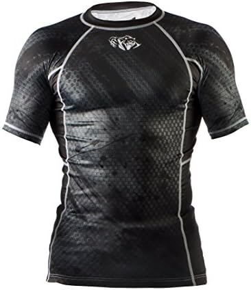 Peresvit Mens Top Rash Guard Medium Short Sleeve Black Rain Immortal Silver Force MMA AG+ Antibacterial Fabric For BJJ Jiu Jitsu Muay Thai Wrestling Athletic Contact Challenge Game Sport Performance