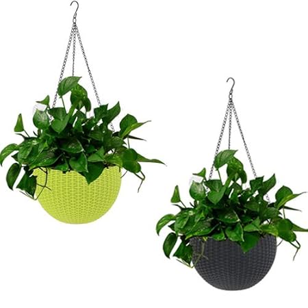 Antier (Green and Black) 2 pcs Round Plastic Resin Chain Basket Hanging Planter Hanging Flowers and Plants,Growers