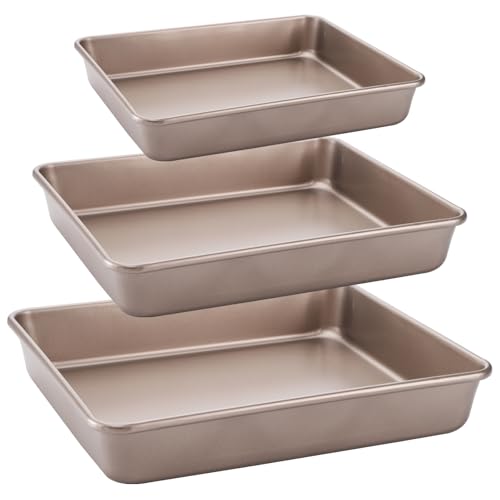 Dicunoy Set of 3 Deep Baking Pans, Nonstick Rectangle Cake Baking Sheet for Oven, Bakeware Bread Pans, Heavy Duty Carbon Steel Bread Tray, Bake Mold Turkey Roasting Pan, 8,10,12 inch