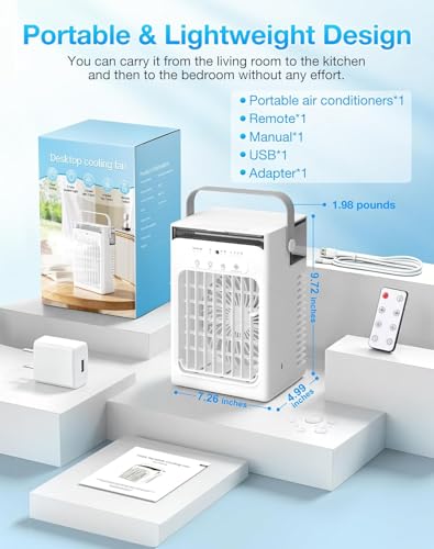 Portable Air Conditioners, Mini Personal Evaporative Cooler with Remote, 2 Mist Modes, 4 Wind Speeds, 1100 ML Water Tank, 2/4/6H Timer, Colorful Light, USB-C Powered Cooling Fan for Room Office Car