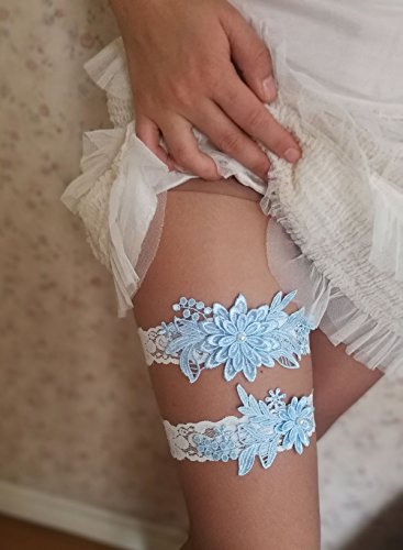Dasiy wedding garters for bride bridal lace garter set hand sewn pearls (sky blue)