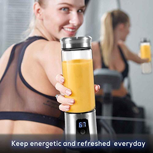 Portable Blender, Smoothie Blender, Electric Shaker Bottle, 3 in 1 Cordless Personal Blender Juicer Mixer with Led Displayer, Usb Rechargeable, Stainless Steel, Borosilicate Glass