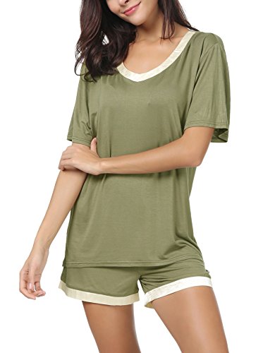 Invug Women Nightwear Short Sleeve Shirt and Shorts Pajama Set V Neck Sleepwear Army Green M