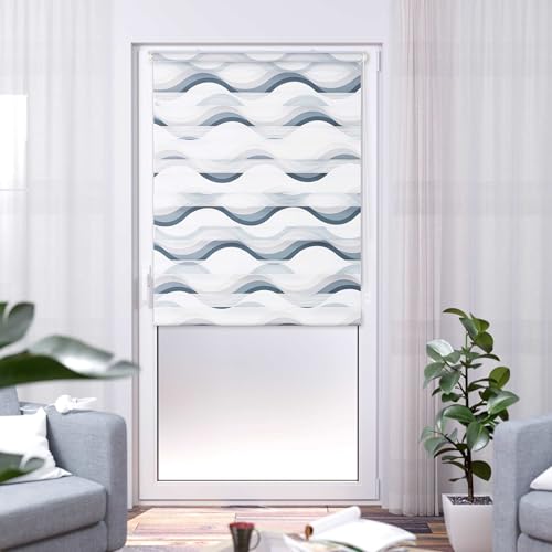 K-Home Madrid Klemmfix Double Roller Blind, No Drilling Required, Printed Wave, Grey, 65 x 150 cm (W x L)