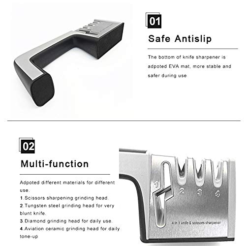 Kitchen Knife Sharpener, 4 in 1 Scissors and Knife sharpener 3-Stage Knife Sharpening Diamond Coated Tungsten steel ceramic Wheel Tool Helps Repair, Restore and Polish Blades (black-grey)