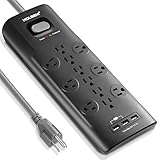 HOLSEM 12 Outlets Surge Protector Power Strip with 3 Smart USB Charging Ports (5V/3.1A) and 6' Heavy Duty Extension Cord, Black