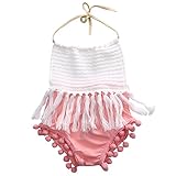 Magical Baby Baby Girls Halter Backless Splice Tassels Pompom Bodysuit Romper