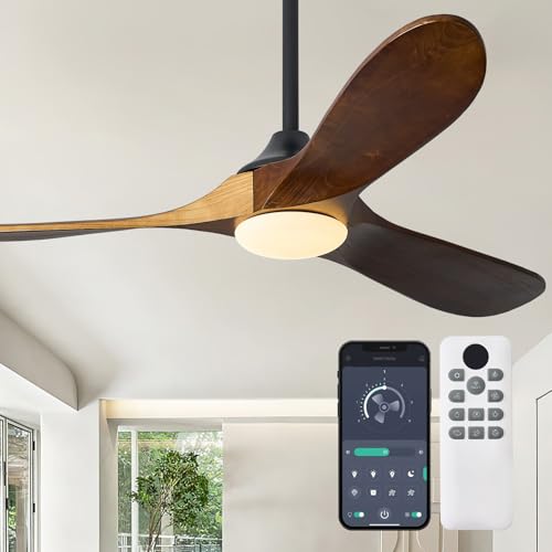 KUNYWOOE 52“ Ceiling Fan with Lights and Remote, App Control, 3 Solid Wood Fan Blades, Dimmable LED, 6 Fan Speeds Reversible for Bedrooms, Living Room, Outdoor Ceiling Fan for Patios (Walnut)