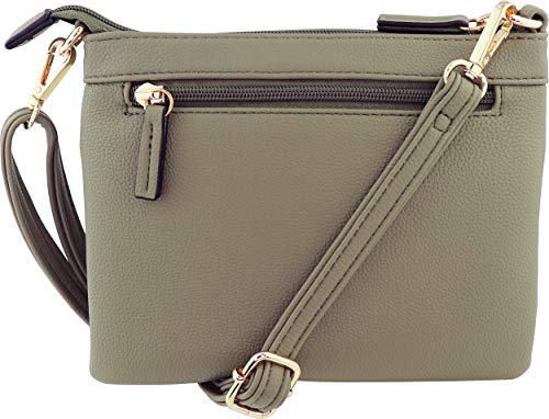 Vegan Mini Multi-Zipper Crossbody Handbag Purse with Tassel Accents (Olive)