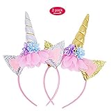 Unicorn Headband, 2 Pack Gold and Silver Glitter Ears with Flowers Unicorn Headbands for Party Decoration or Cosplay Costume