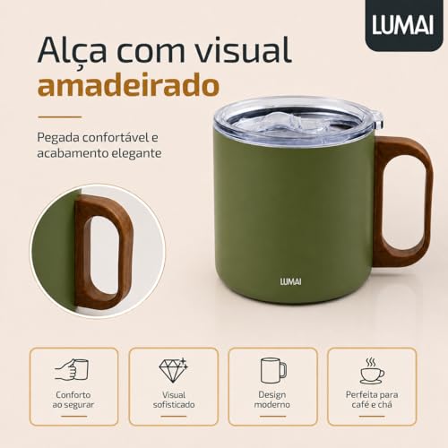 LUMAI Caneca Térmica 350ml Inox com Tampa Antivazamento Premium - Verde | Caneca de Café Caraíva, Aço Inox 304, Parede Dupla com Isolamento Térmico, Alça Estilo Madeira, Bebidas Quentes ou Frias