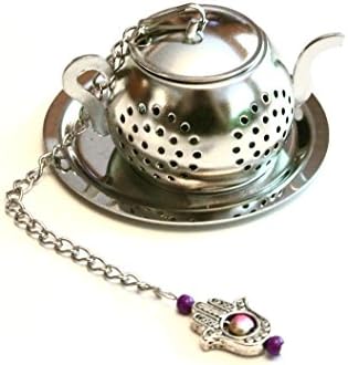 Pink and Purple Beaded Teapot Tea Infuser with Hamsa Hand Charm