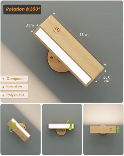 DetarZinLED Set of 2 Wooden Indoor Wall Lamp, USB Rechargeable Wireless Wall Lamp, Brightness Adjustment Light for Bedroom, Touch Bedside Lamp