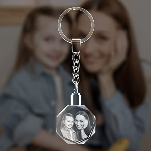 Roniatic Personalized Keychains with LED Light 3D Laser Etched Key Chain Photo Octagonal Crystal Great Memorial Gifts (Small, Octagonal)