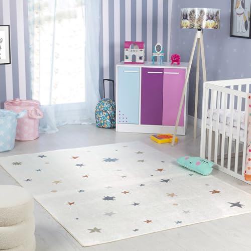 Livabliss Sterne Kinderteppich waschbar - Cartoon Teppich 120x170 cm, Sterne Teppich Kinderzimmer oder Babyzimmer, Waschbarer Krabbelteppich, Spielteppich - Baby Teppich fuer Jungen & Maedchen, Creme