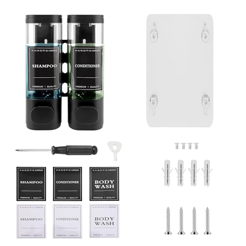 MEKOTRIN Wall Mounted Soap Dispenser, Shower Gel Dispenser, Double Shampoo and Conditioner Dispenser without Drilling ABS for Bathroom, Kitchen, Market, Hotel, Restaurant 300 ml x 2 (Black)